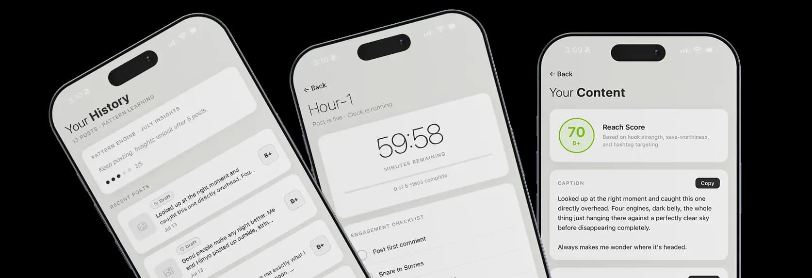 BusyShy app — History, Hour-1, and Reach Score screens