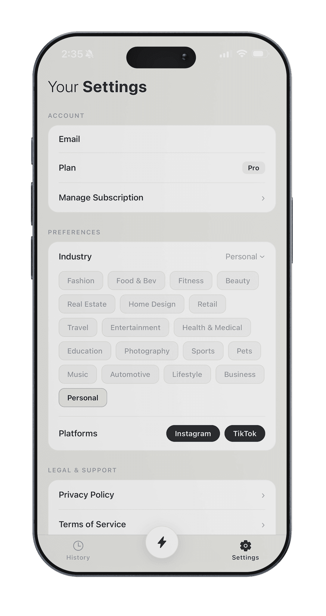 BusyShy industry and platform settings screen